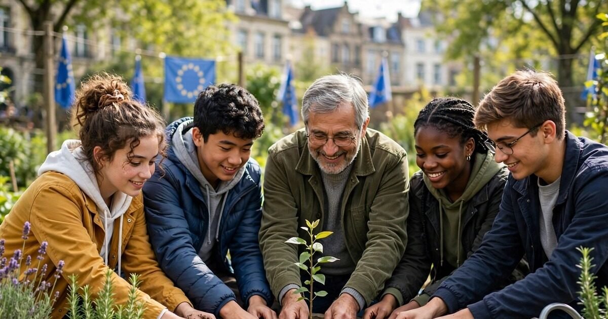Students and a teacher planting a seedling together in a Brussels garden during a climate education event