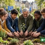 Students and a teacher planting a seedling together in a Brussels garden during a climate education event
