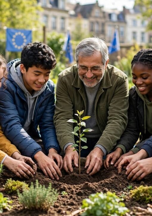 Students and a teacher planting a seedling together in a Brussels garden during a climate education event