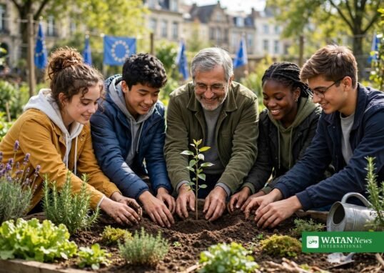 Students and a teacher planting a seedling together in a Brussels garden during a climate education event