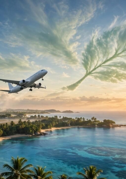 Passagerfly over tropisk kyst som symbol på bæredygtigt flybrændstof
