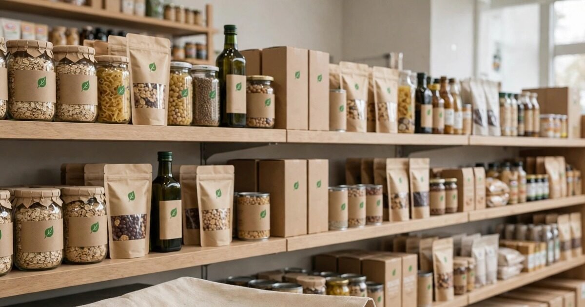 EU greenwashing rules: eco-labelled products on supermarket shelf