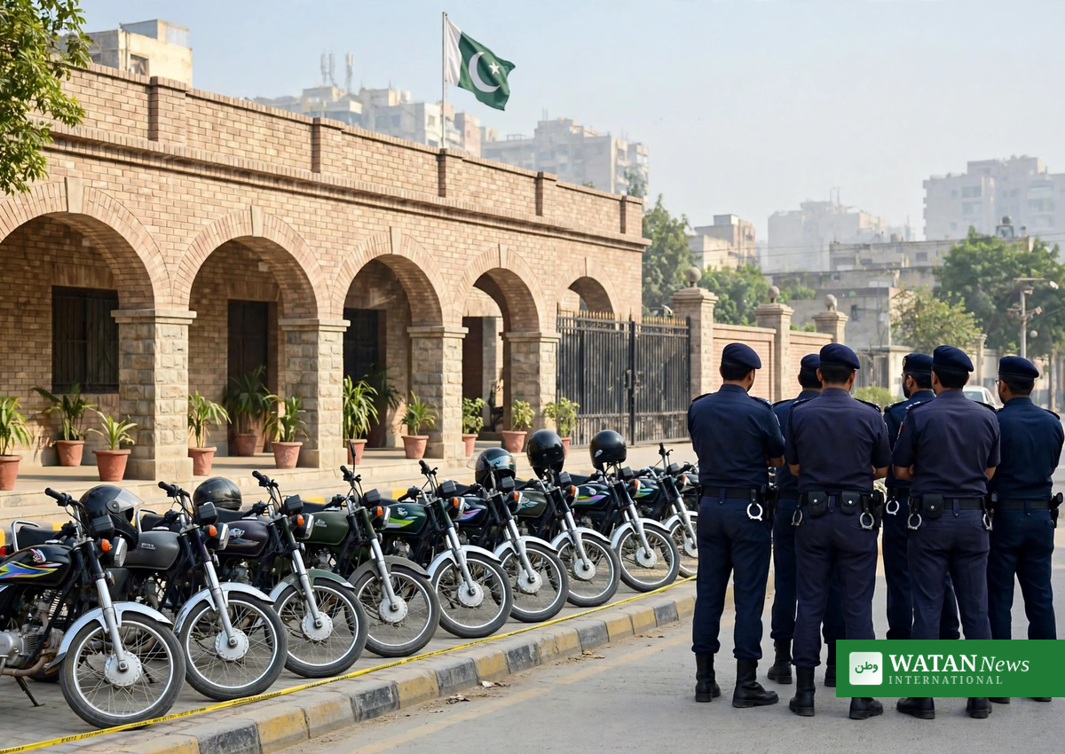 Rawalpindi Police arrests – police officers with recovered stolen motorcycles at a police station in Rawalpindi