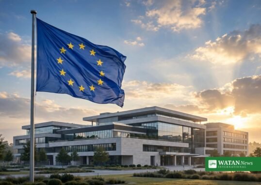 EU flag in front of a European government building ahead of the EU ETS review debate in Luxembourg