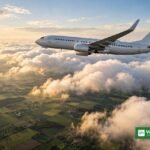 Narrowbody passenger aircraft above the clouds — sustainable aviation fuel