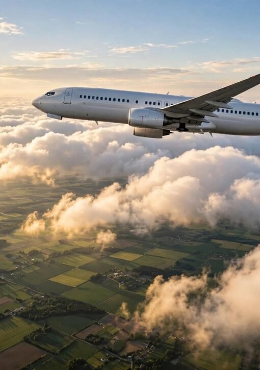 Narrowbody passenger aircraft above the clouds — sustainable aviation fuel
