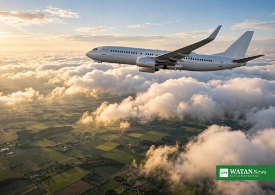 Narrowbody passenger aircraft above the clouds — sustainable aviation fuel