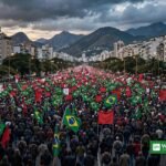 Massive crowd waving Brazilian flags at a political rally in Rio de Janeiro at dusk – Brazil election 2026 (illustration)