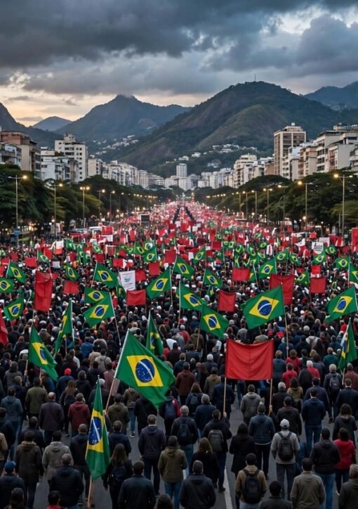 Massive crowd waving Brazilian flags at a political rally in Rio de Janeiro at dusk – Brazil election 2026 (illustration)