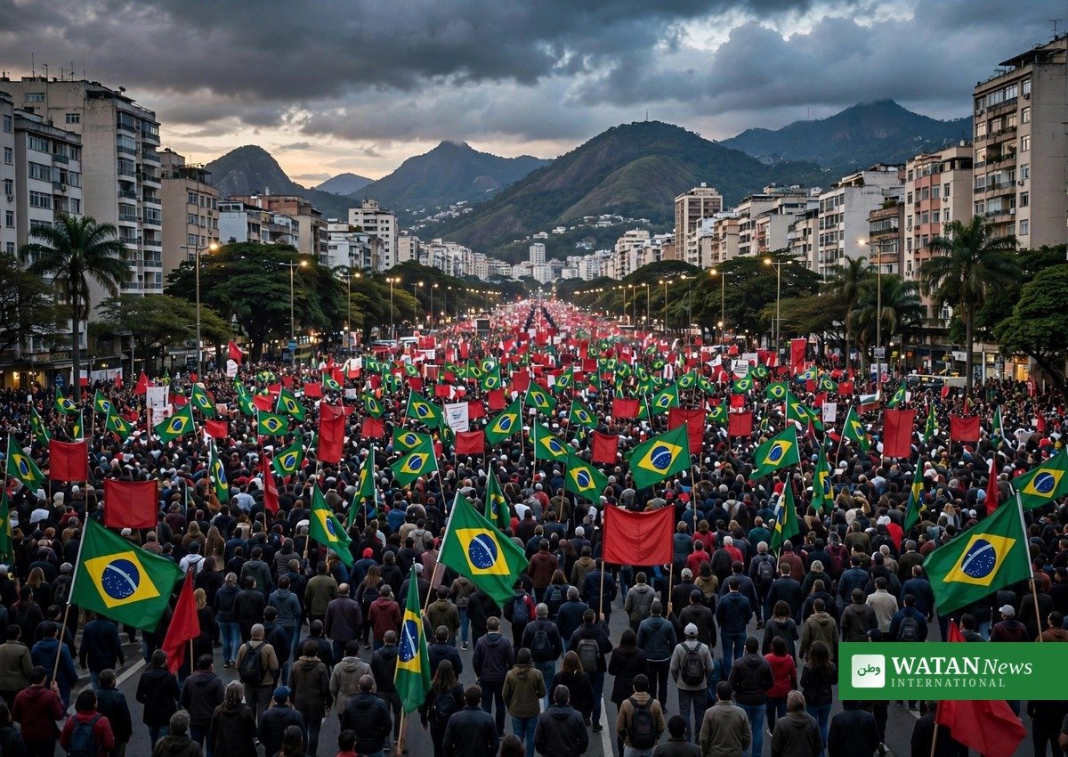 Massive crowd waving Brazilian flags at a political rally in Rio de Janeiro at dusk – Brazil election 2026 (illustration)