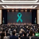 Pakistan Global Mental Health Summit 2026 — closing ceremony at a conference hall in Islamabad with the mental health awareness ribbon on stage (illustration)