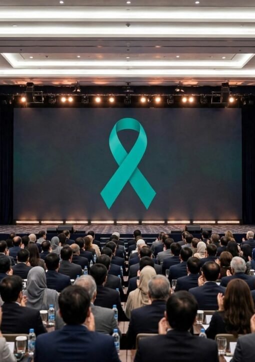 Pakistan Global Mental Health Summit 2026 — closing ceremony at a conference hall in Islamabad with the mental health awareness ribbon on stage (illustration)
