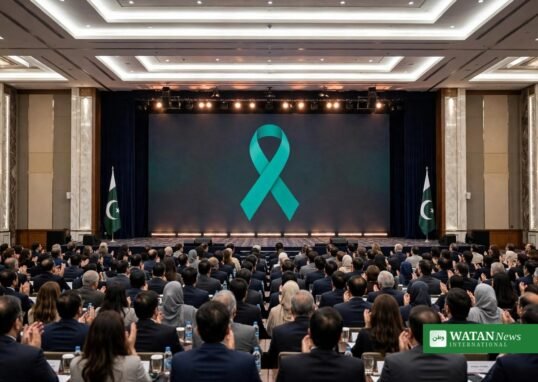 Pakistan Global Mental Health Summit 2026 — closing ceremony at a conference hall in Islamabad with the mental health awareness ribbon on stage (illustration)