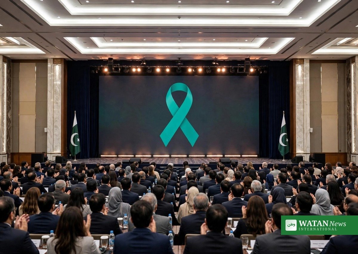 Pakistan Global Mental Health Summit 2026 — closing ceremony at a conference hall in Islamabad with the mental health awareness ribbon on stage (illustration)