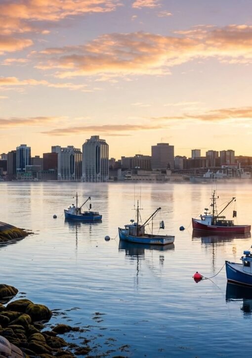 Solopgang over Halifax havn med fiskerbåde og skyline - Canadas Ocean Envoy Diana Fox Carney skal lede Our Ocean Conference 2027