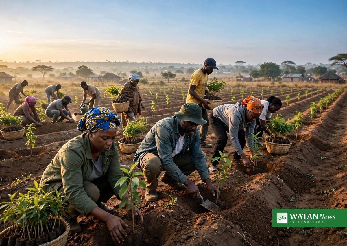 Frivillige planter trækimplanter ved en træplantningskampagne i Nigeria