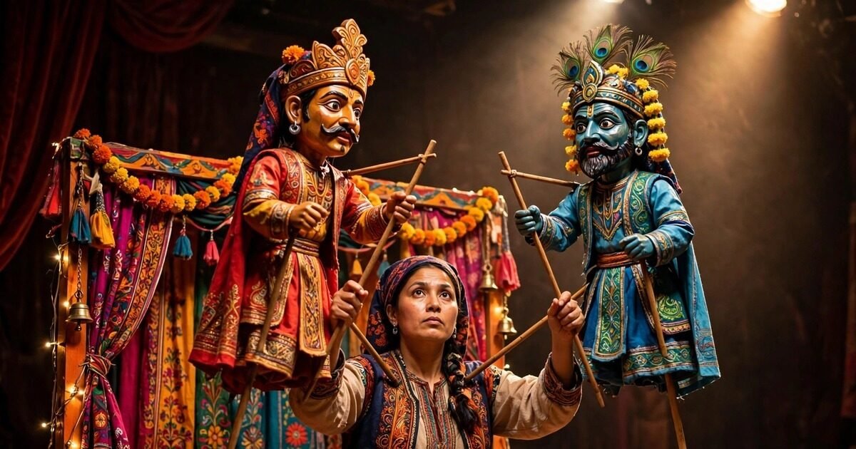 PNCA puppetry workshop — puppeteer with rod puppets on stage