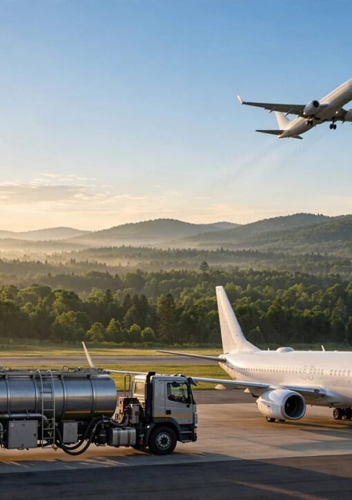 Passenger aircraft being refuelled on the tarmac with green hills behind — sustainable aviation fuel is central to greener air travel