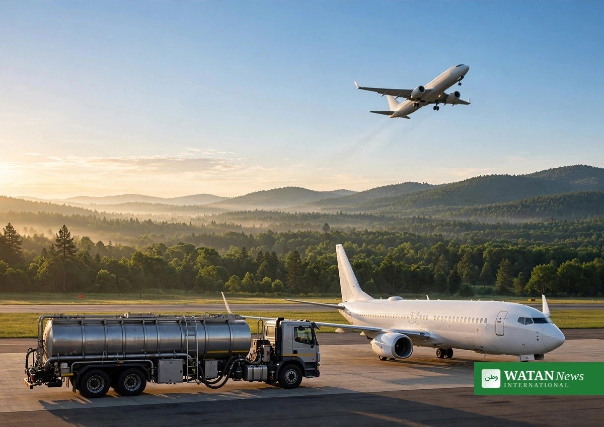 Passenger aircraft being refuelled on the tarmac with green hills behind — sustainable aviation fuel is central to greener air travel