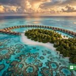 World best travel destinations - Maldives island aerial at golden hour