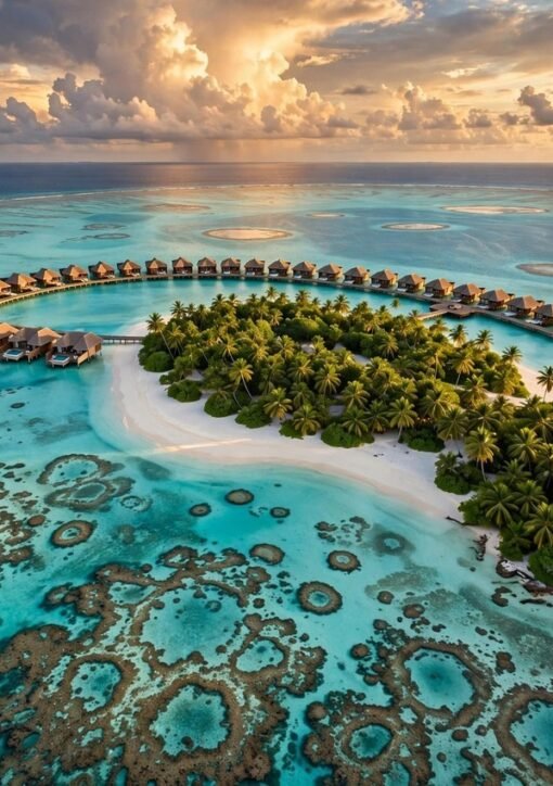 World best travel destinations - Maldives island aerial at golden hour