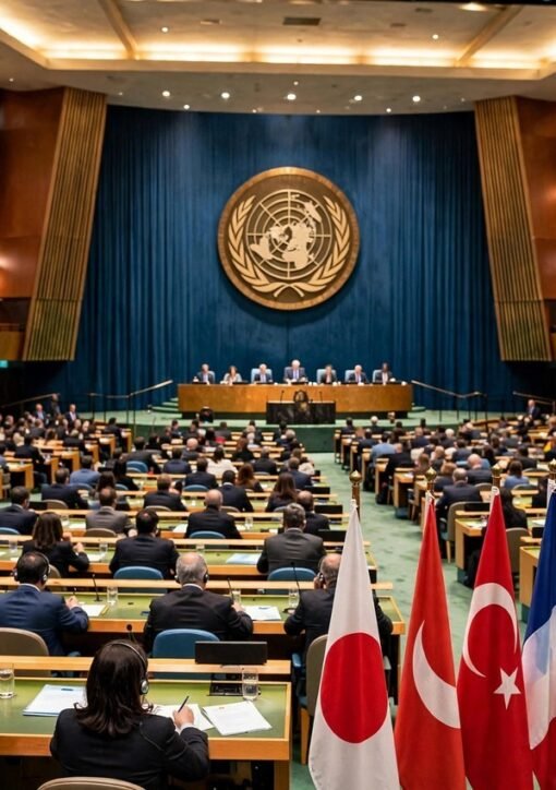 UN General Assembly hall in New York during the 81st session — Ishaq Dar briefing on Pakistans engagements (illustration)
