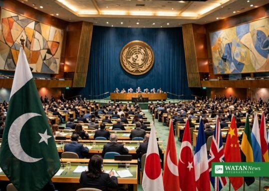 UN General Assembly hall in New York during the 81st session — Ishaq Dar briefing on Pakistans engagements (illustration)