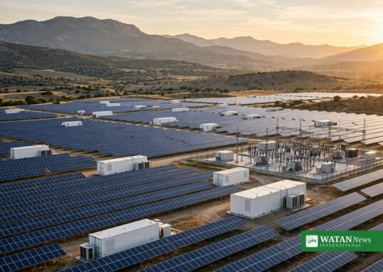 Aerial view of the Tenevo solar-plus-storage complex in Bulgaria: rows of solar panels with battery storage containers and a substation at golden hour