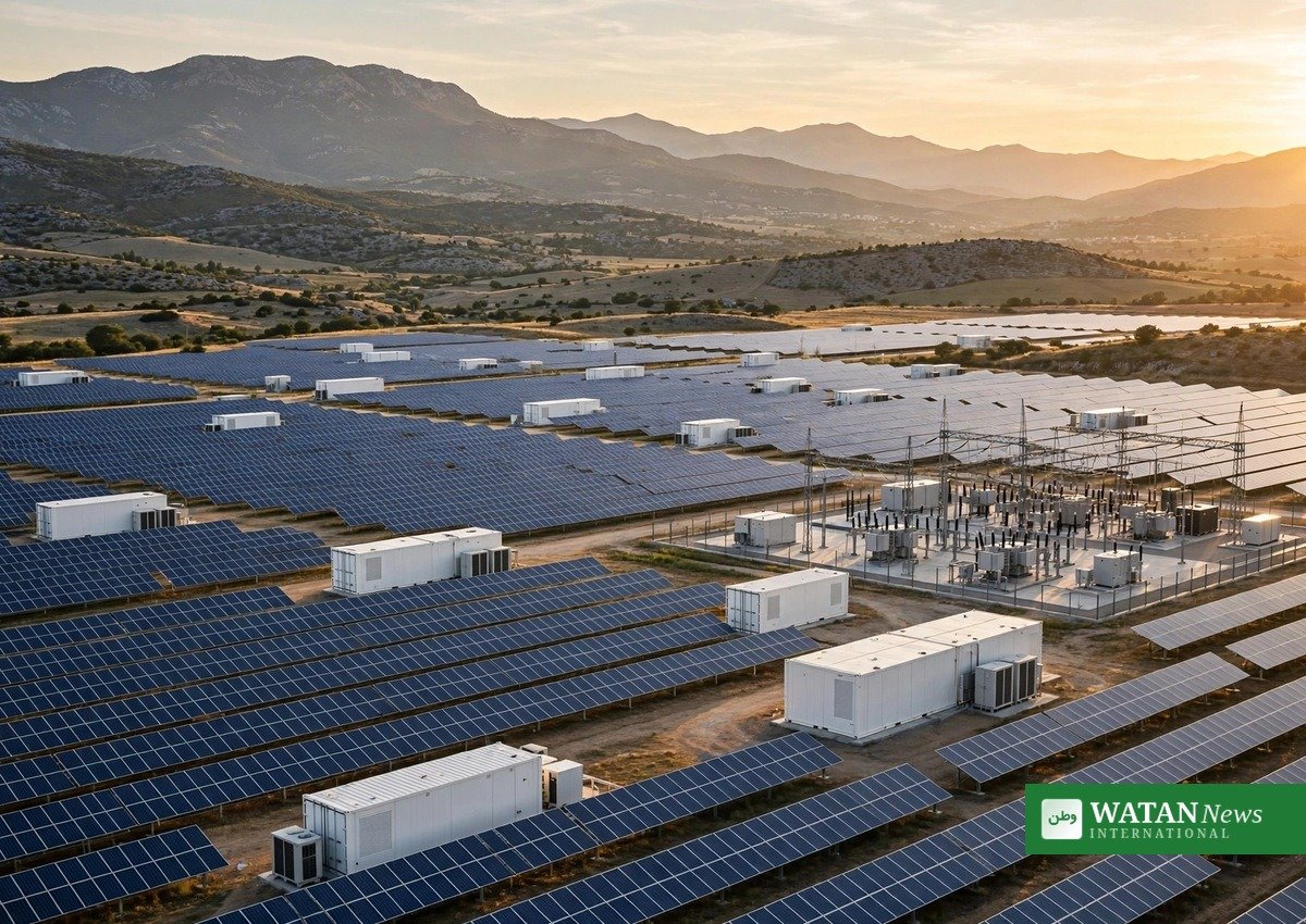 Aerial view of the Tenevo solar-plus-storage complex in Bulgaria: rows of solar panels with battery storage containers and a substation at golden hour