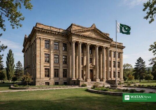 پاکستانی پرچم کے ساتھ عدالت کی عمارت کا منظر