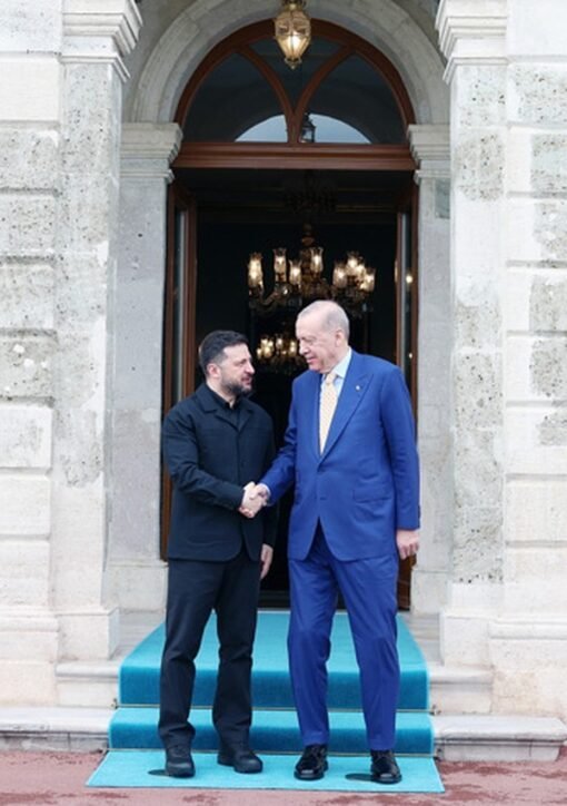 Zelensky and Erdogan shake hands at the Dolmabahce office in Istanbul