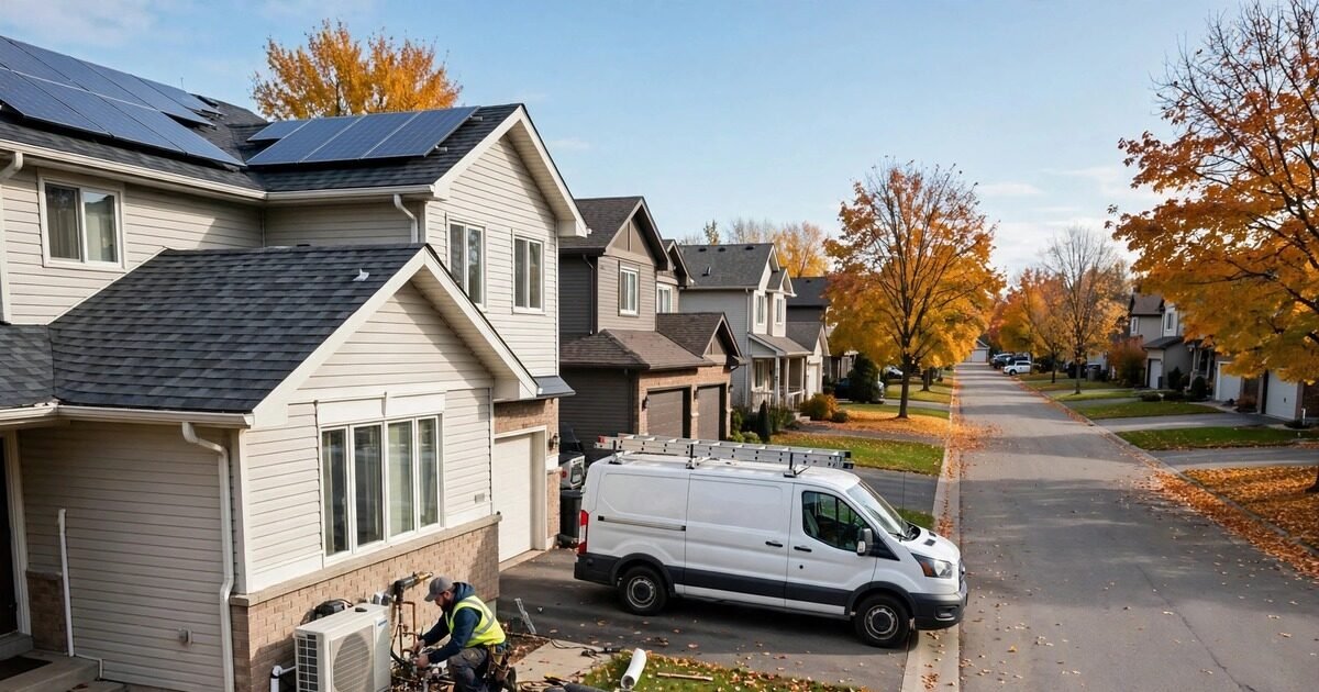Canadian suburban homes with solar panels while a technician installs a heat pump, part of Canada's $66.3 million funding for energy-efficient homes