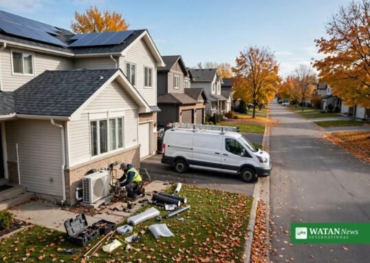 Canadian suburban homes with solar panels while a technician installs a heat pump, part of Canada's $66.3 million funding for energy-efficient homes