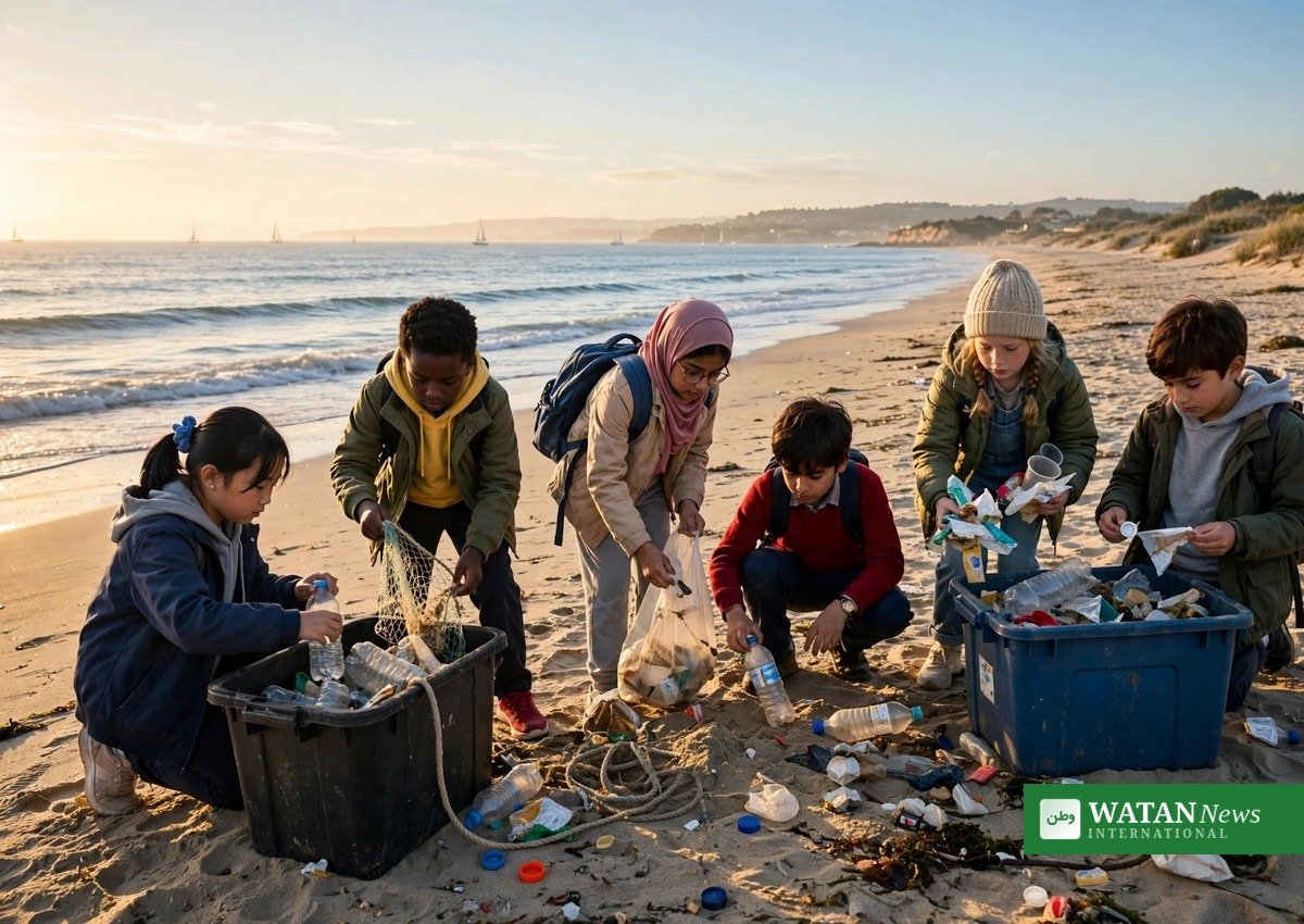 Call to Earth Day 2026 Think Blue ocean campaign - schoolchildren joining a beach cleanup