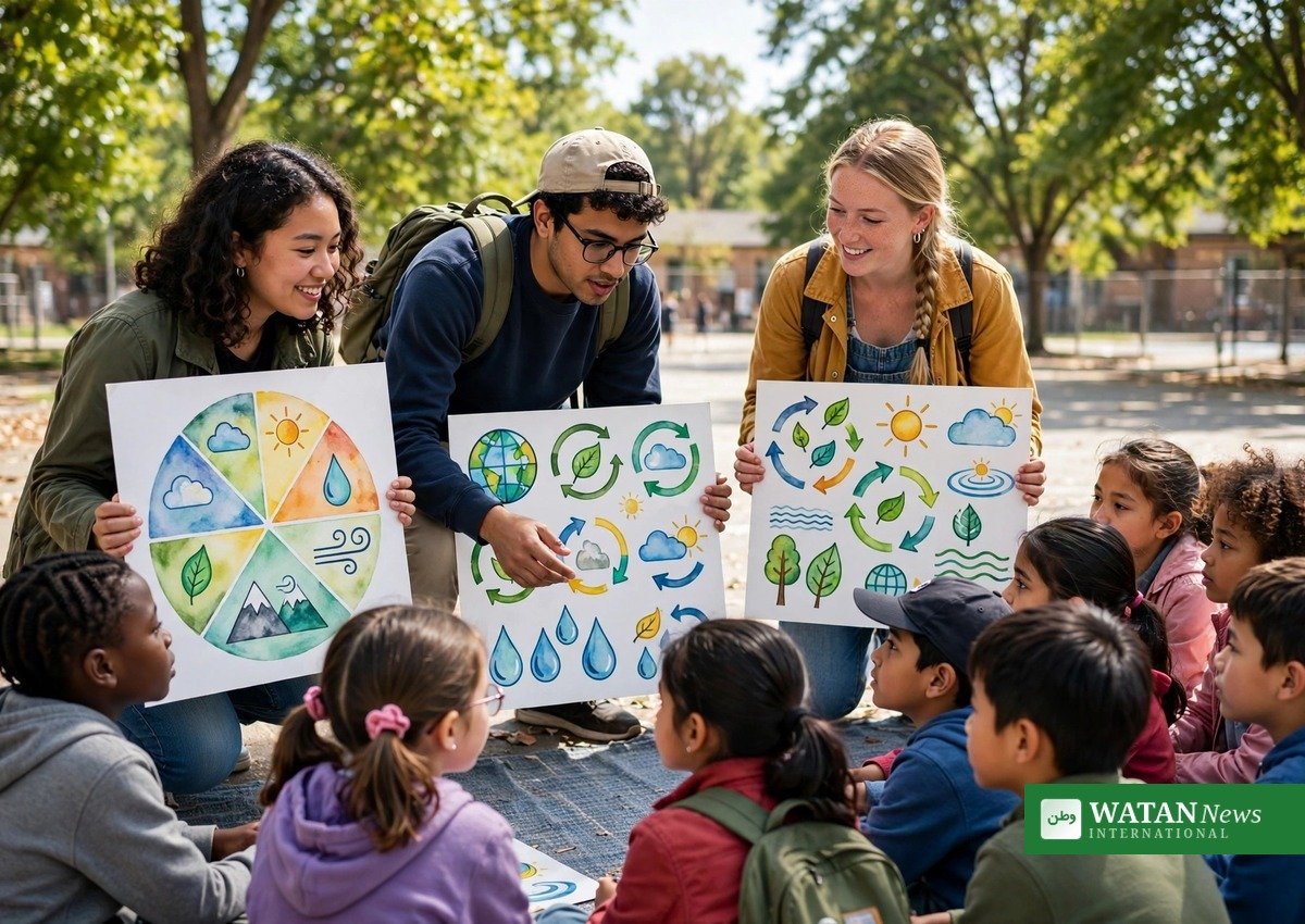 Young Climate Education Ambassadors leading a climate education workshop with schoolchildren outdoors, holding illustrated climate posters