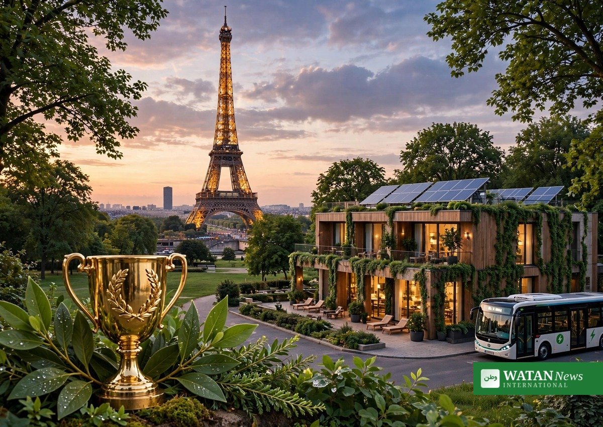 A golden award trophy with the Paris Eiffel Tower behind an eco-friendly hotel with solar panels and an electric shuttle, marking the 2026 World Sustainable Travel and Hospitality Awards voting
