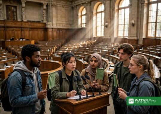 Young climate activists speaking at a podium inside a European parliamentary assembly hall