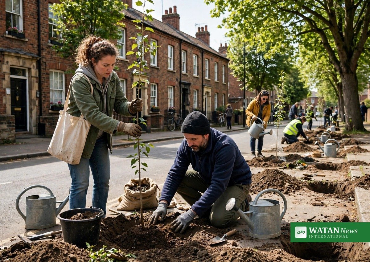 Volunteers planting young trees along an English street, as the UK government announces a 53 million pound Community Trees Fund