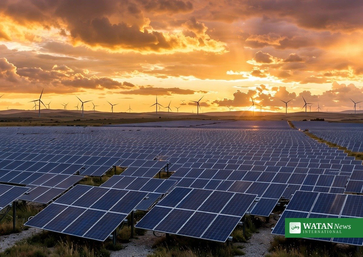 Solar panel field with wind turbines at golden hour as solar overtakes nuclear generation worldwide in 2025