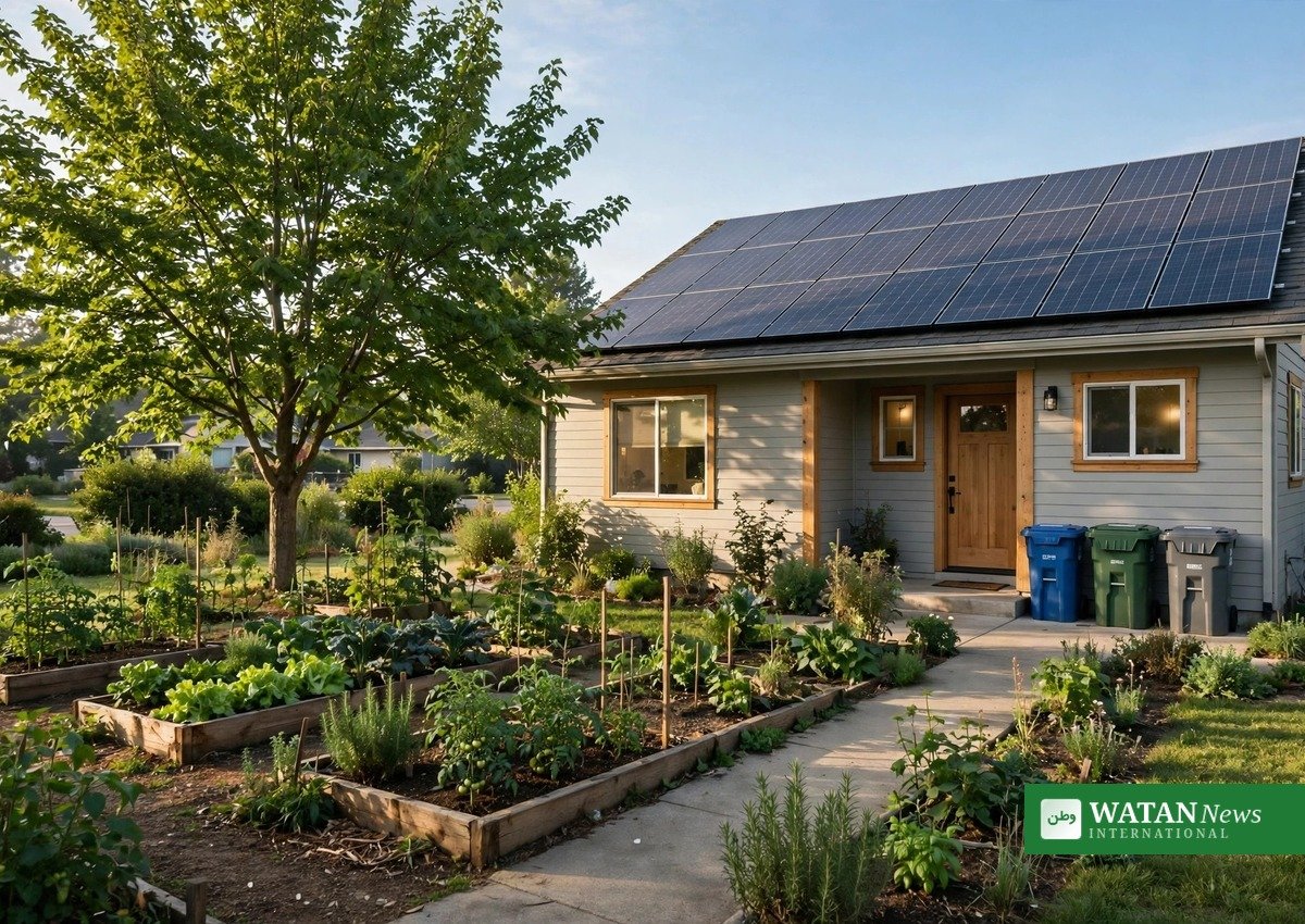 Suburban home with solar-panelled rooftop, vegetable garden and recycling bins — the growing sustainable habits documented in Bain's 2026 report