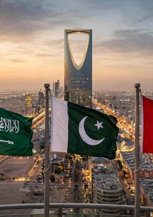 ریاض کی اسکائی لائن کے سامنے سعودی عرب، پاکستان اور ترکیہ کے جھنڈے — سعودی عرب میں فوجی تعیناتی کا معاہدہ