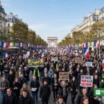 France mass protests: protesters marching in Paris with banners and French flags against high living costs