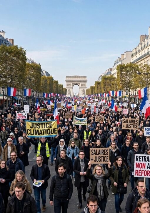 France mass protests: protesters marching in Paris with banners and French flags against high living costs