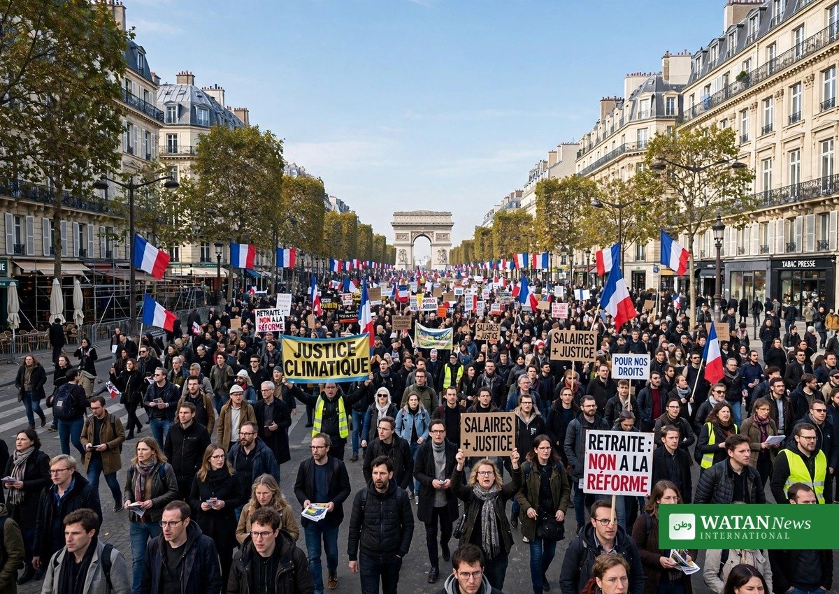 France mass protests: protesters marching in Paris with banners and French flags against high living costs