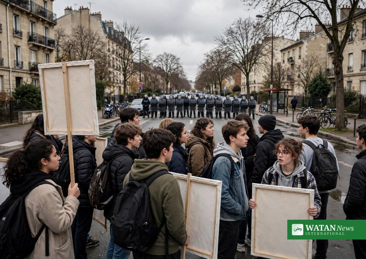 France student protests: students face riot police on a Paris street during nationwide school demonstrations