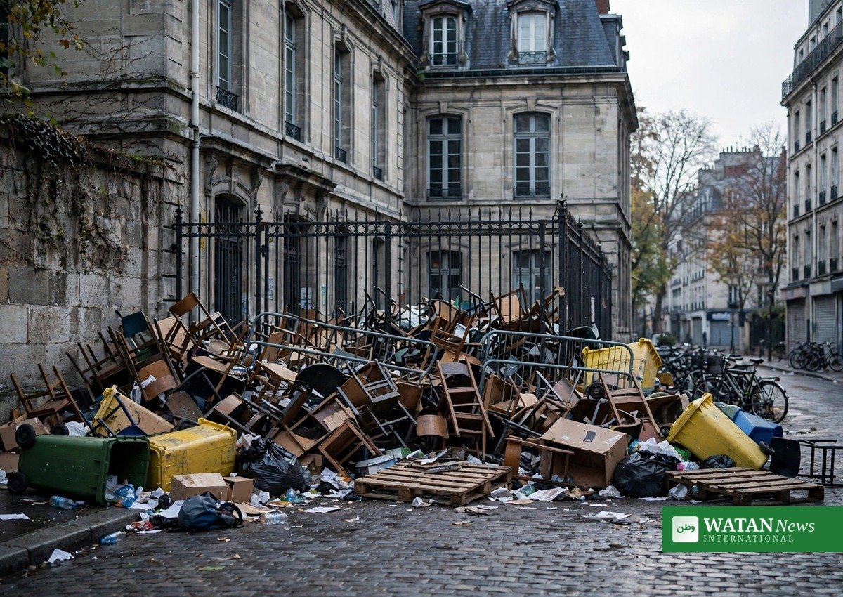Barricade of chairs and bins blocks a French lycée entrance during the France student protests