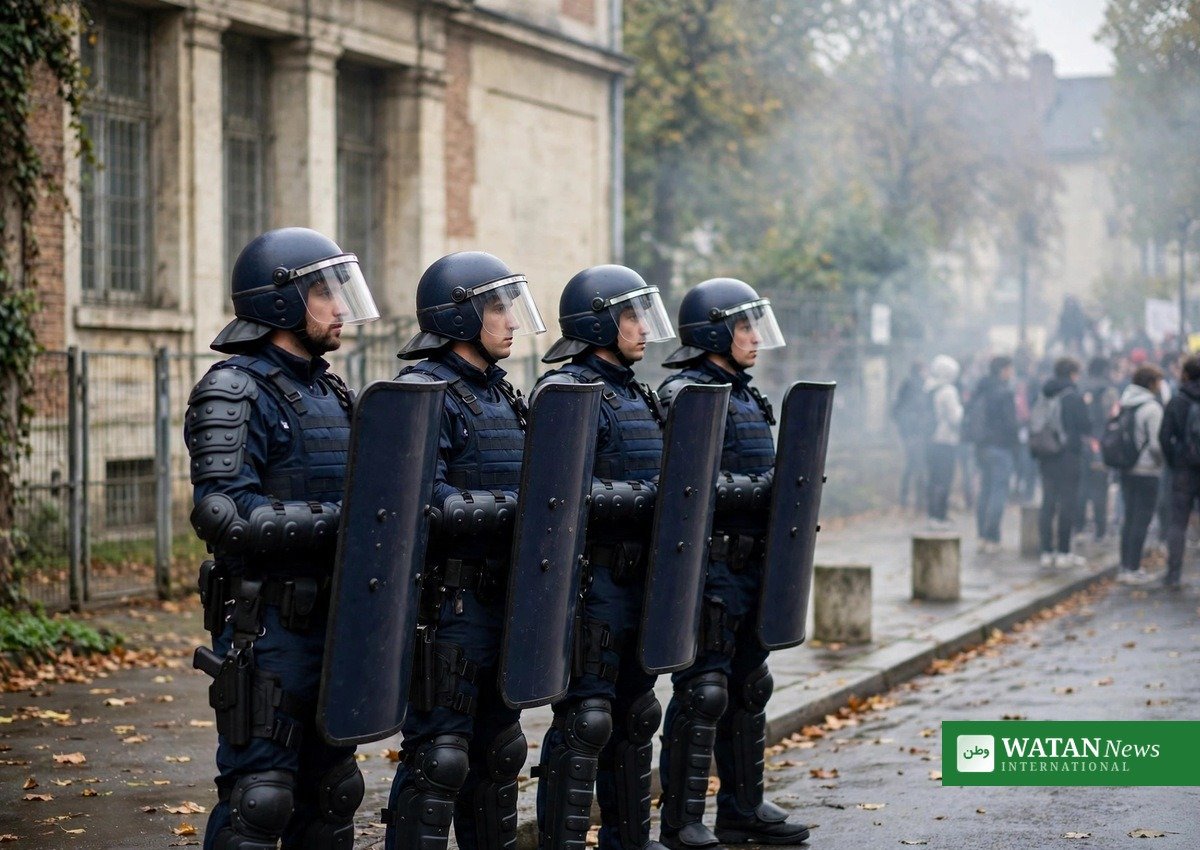 French riot police near a school during the France student protests
