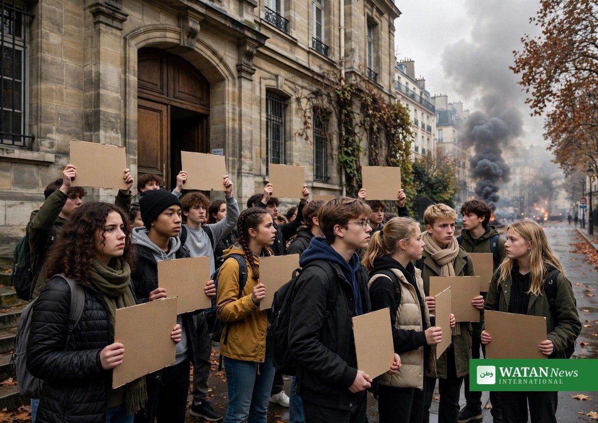 Franske gymnasier elevprotester: elever demonstrerer foran et lycée i Paris med røg i baggrunden