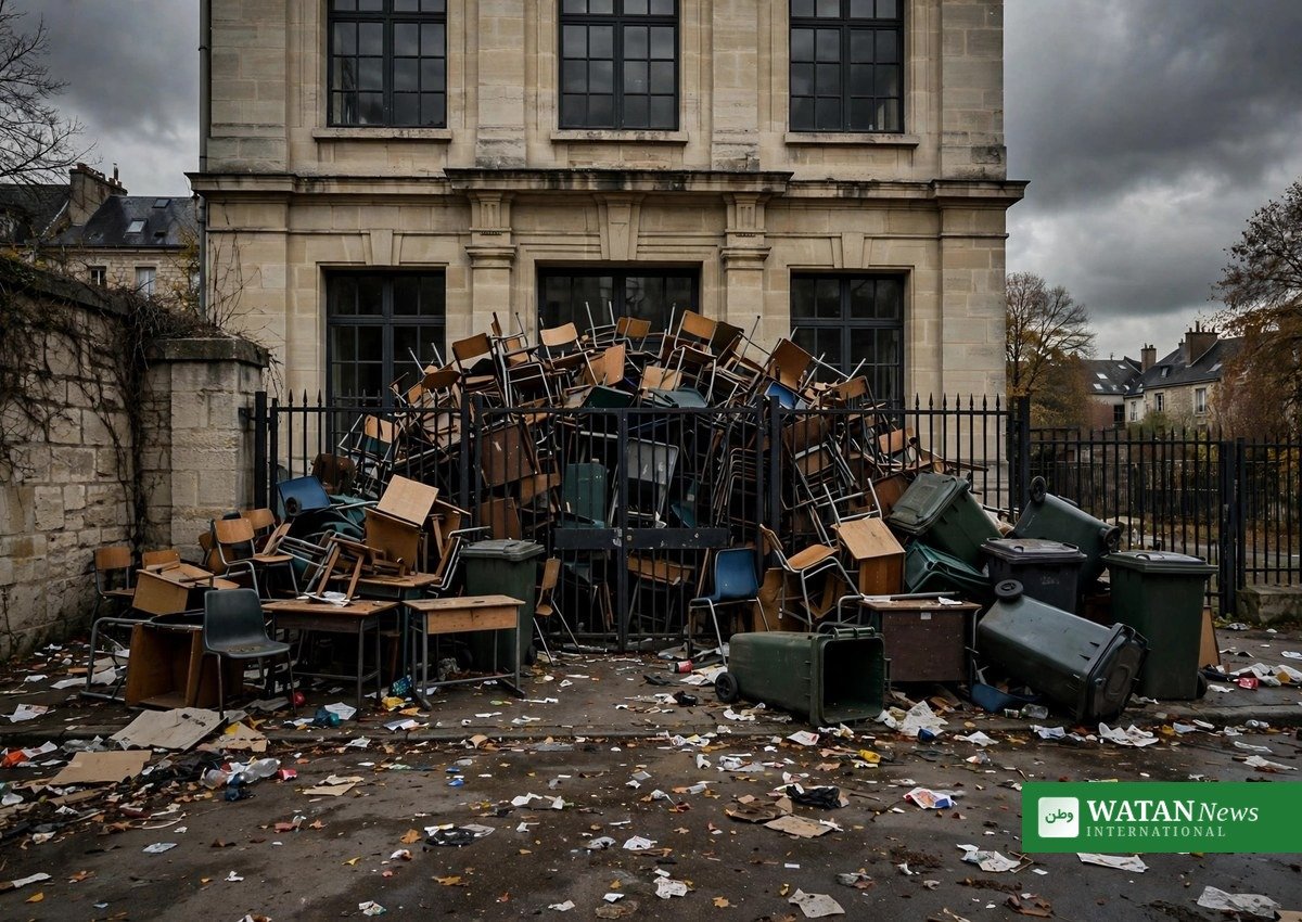 Barrikaderet indgang til et fransk gymnasium under protesterne, hvor franske skoler lukker i hele landet