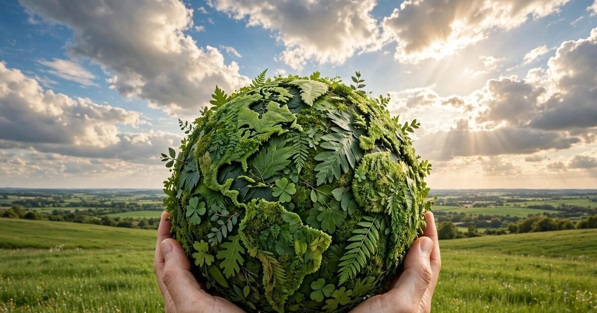 EN: Hands holding a green leaf globe — green ambassador climate action | UR: ہری پتیوں سے بنا گلوب تھامے ہاتھ — ماحولیاتی سفیر کی موسمیاتی کارروائی | DK: Hænder der holder en grøn blad-globus — grøn ambassadør klimahandling